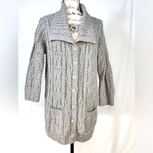 Aran Crafts Fisherman Sweater Gray 100% Irish Merino Wool Cardigan Large Chunky